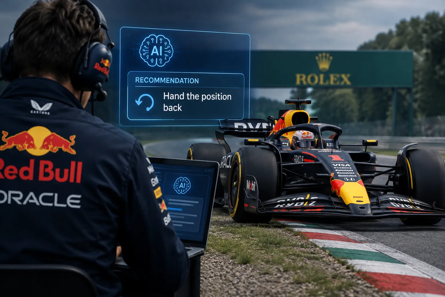 Conceptual AI-generated editorial motorsport illustration; not a documentary photograph or evidence that a pictured event, meeting or transfer occurred.