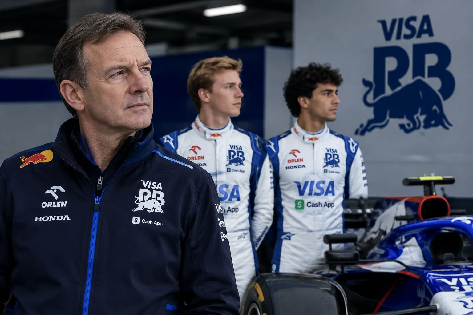 Conceptual AI-generated editorial motorsport illustration; not a documentary photograph or evidence that a pictured event, meeting or transfer occurred.