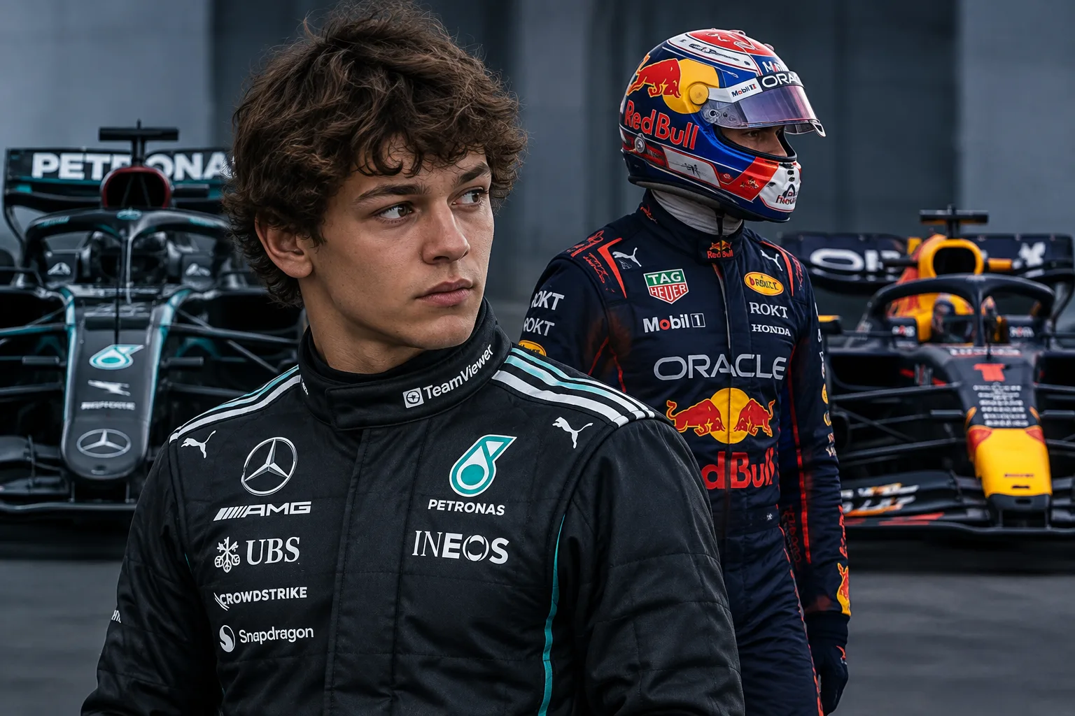 Conceptual AI-generated editorial motorsport illustration; not a documentary photograph or evidence that a pictured event, meeting or transfer occurred.