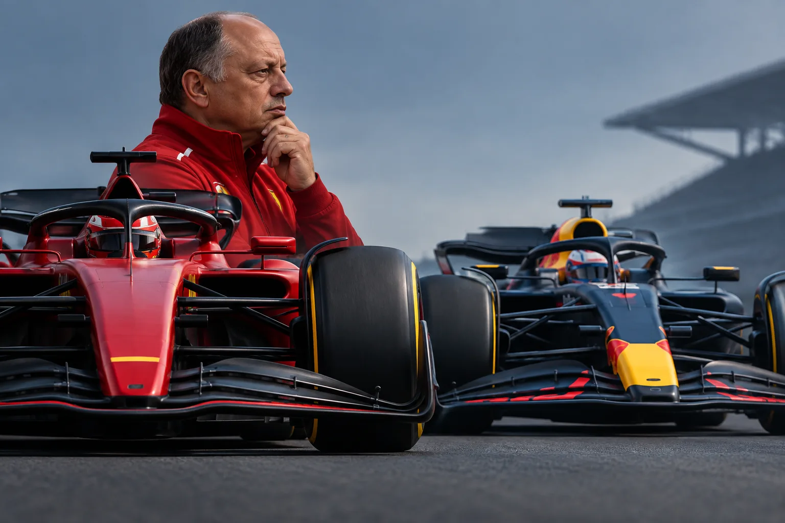 Conceptual AI-generated editorial motorsport illustration; not a documentary photograph or evidence that a pictured event, meeting or transfer occurred.